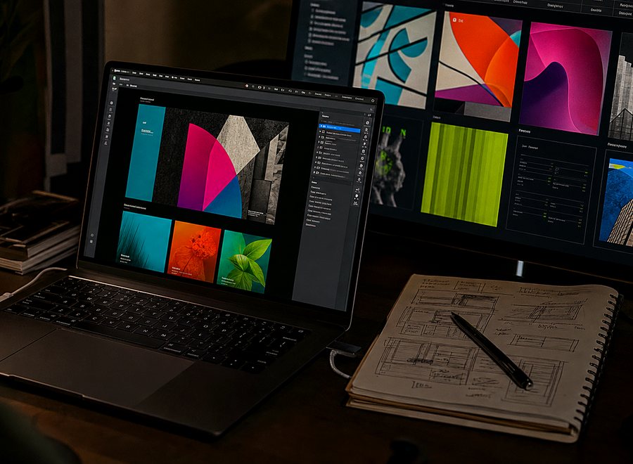 A considered design being refined on a laptop, with a grid of raw variations and hand-drawn notes alongside
